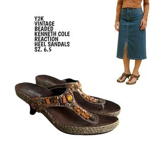 Y2K VINTAGE BEADED KITTEN HEEL KENNETH COLE REACTION SANDALS HEELS 6 1/2